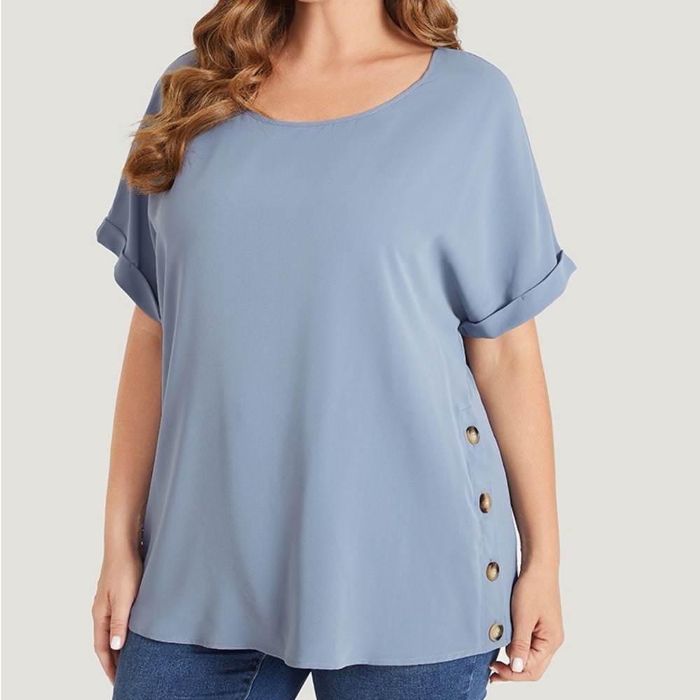 BloomChic Blue Button Detail Rolled Sleeve Top Plus Size 28 5X